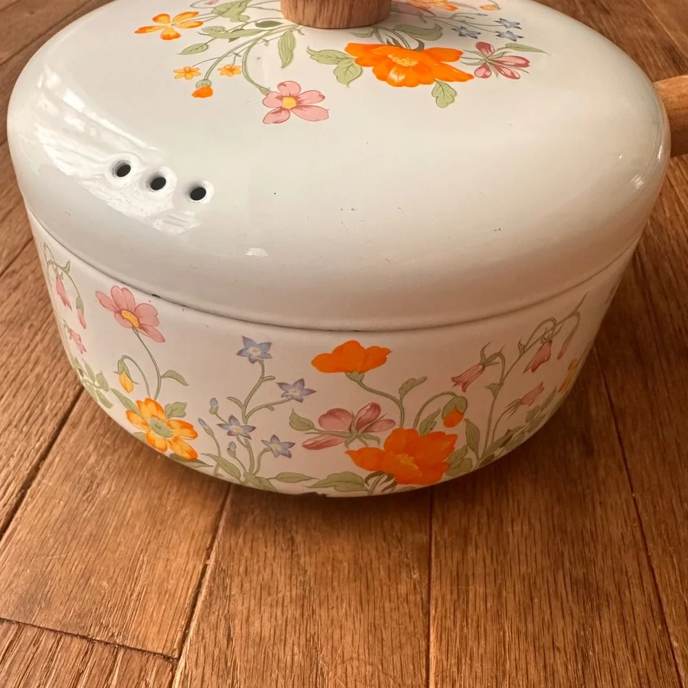Vintage Enamel Floral Saucepan Unisex 7in Wood Handle White Orange 1970s Kitchen